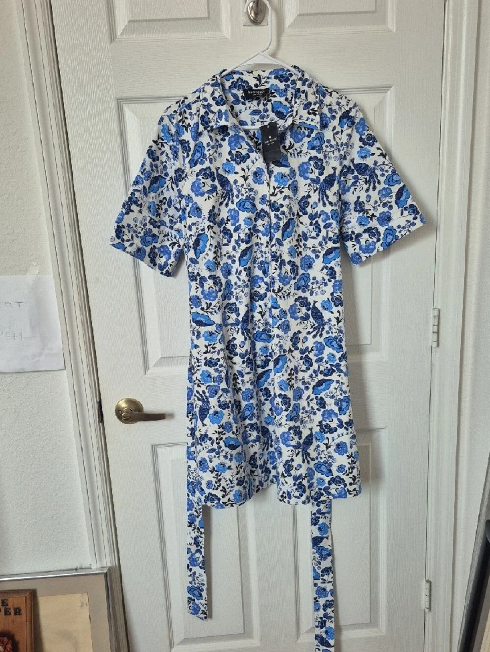 Nwt Kate Spade Short Blue Peacock Floral Shirt Dress with Tie Waist